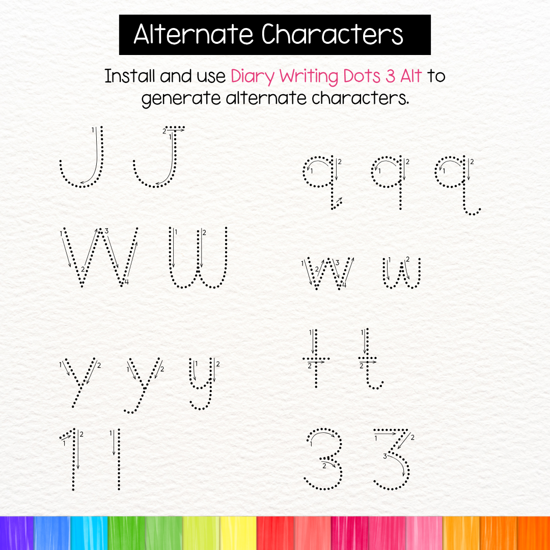 dotted tracing font with directional arrows and number guides