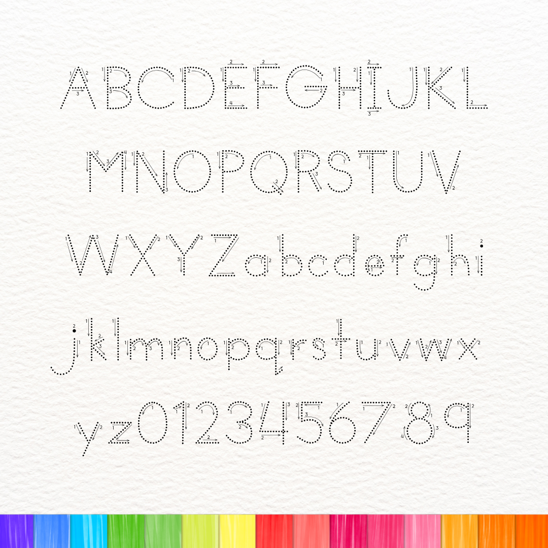 dotted tracing font with directional arrows and number guides