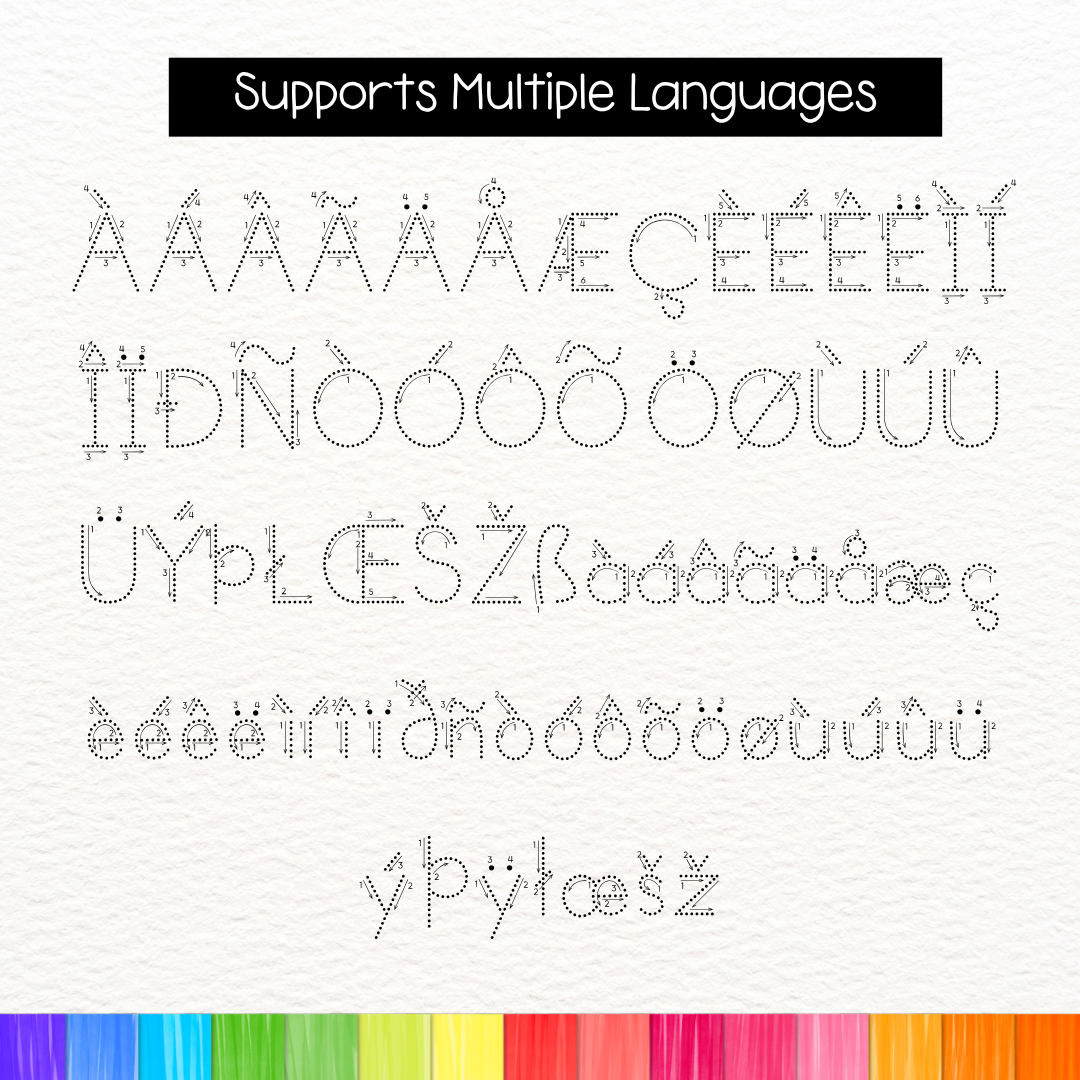 dotted tracing font with directional arrows and number guides
