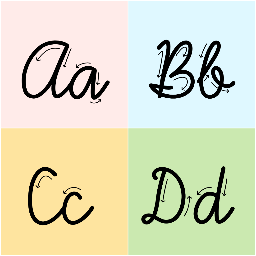 cursive font with directional arrows