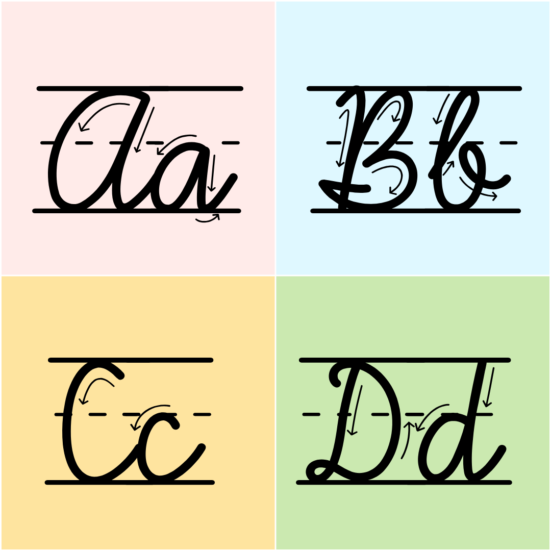 cursive handwriting font with lines and arrows