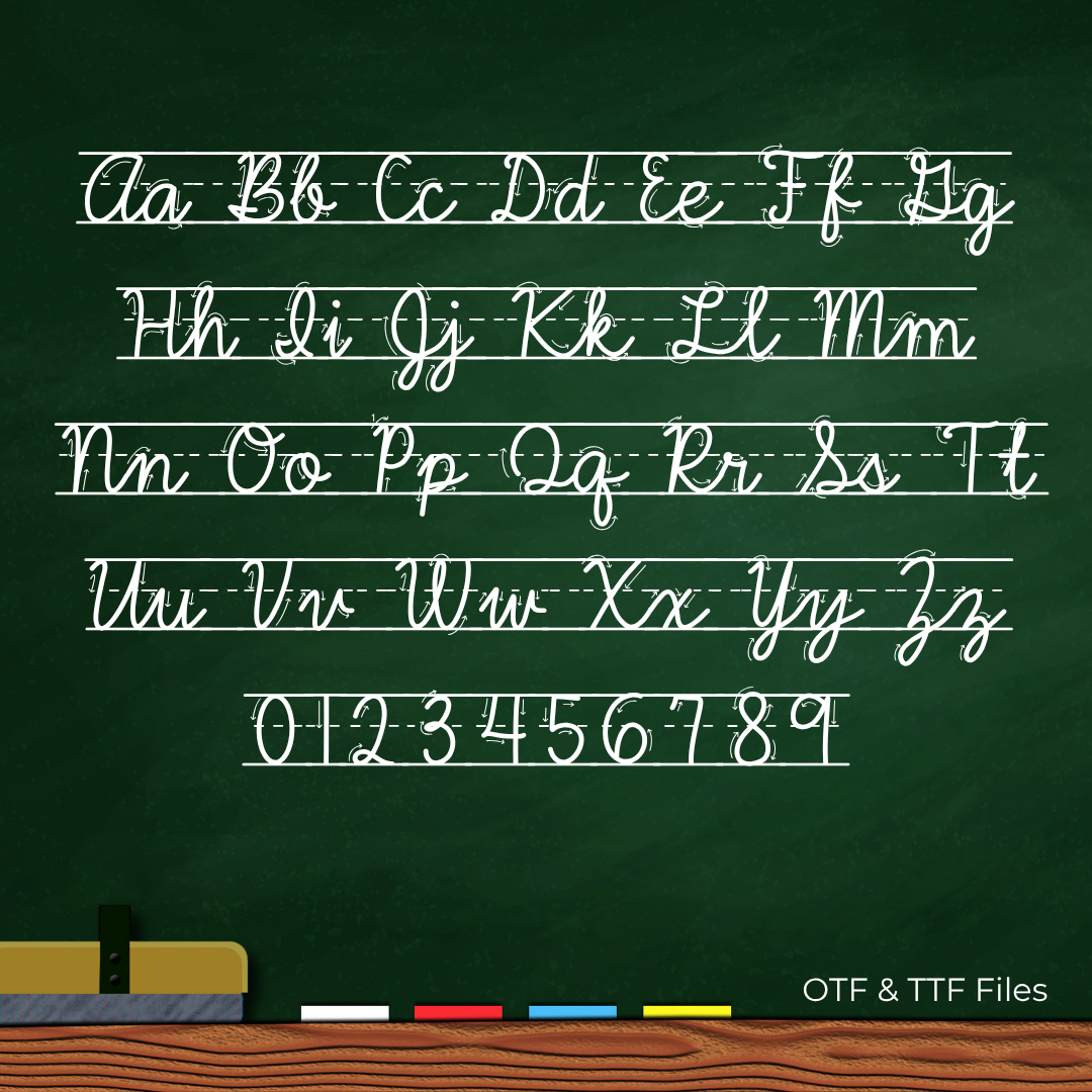 cursive handwriting font with directional arrows and guides