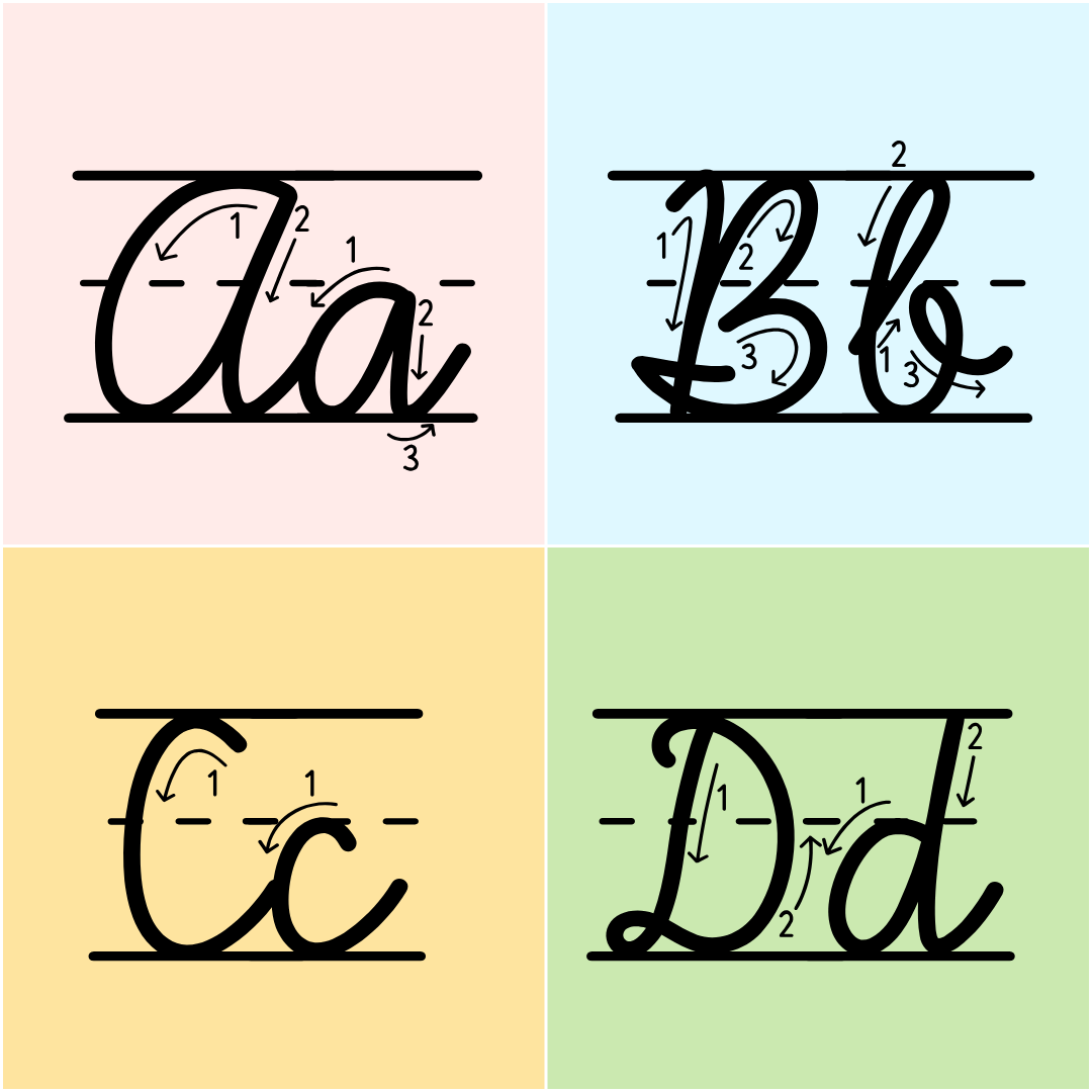 cursive handwriting font with lines and arrows